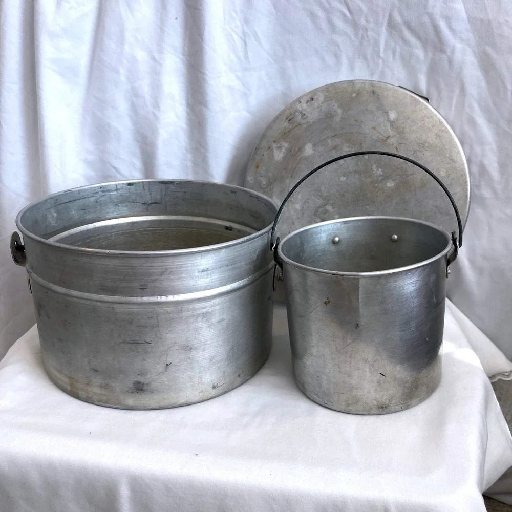 Vintage Aluminum Nesting Camping Cookware Set 3 Pots 1 Lid Glamping Outdoor